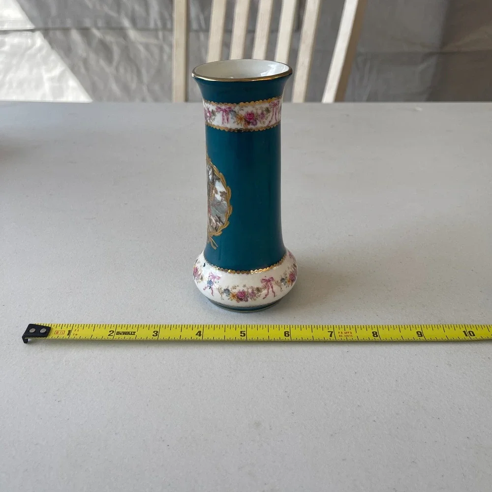 Vintage Teal Porcelain Bud Vase Fragonard Courting Scene Gold Gilt Floral 5.25in